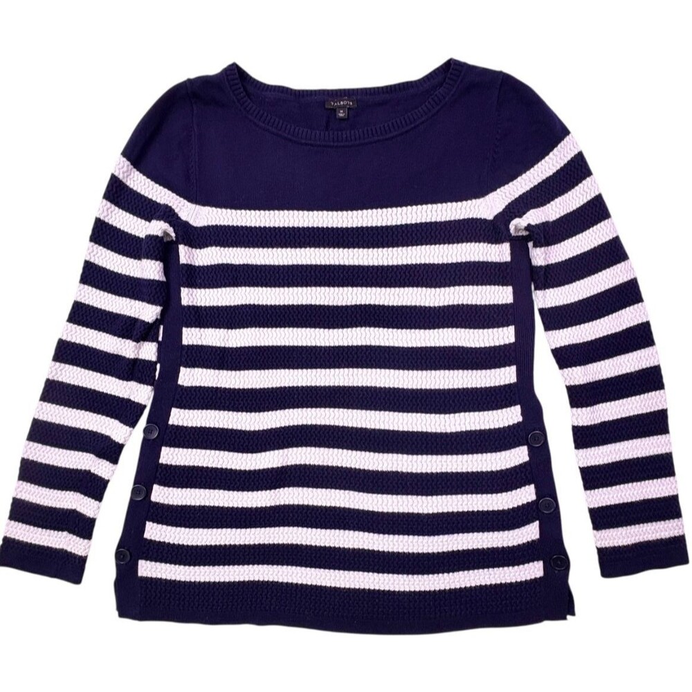Talbots Nautical Stripe Sweater Side Button Bateau Neck Textured Knit Navy M